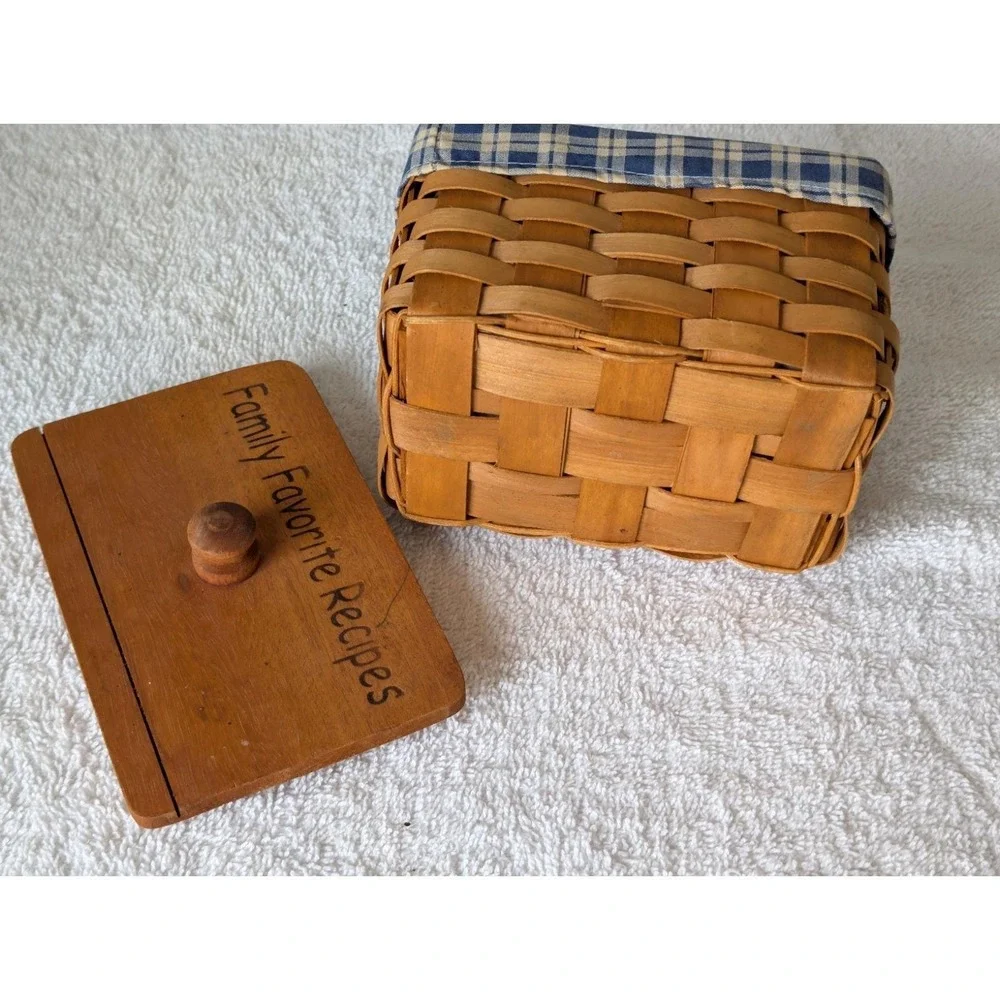 VTG Wooden Woven Favorite Recipe Basket Box Plaid Liner Cottage Core Farmhouse